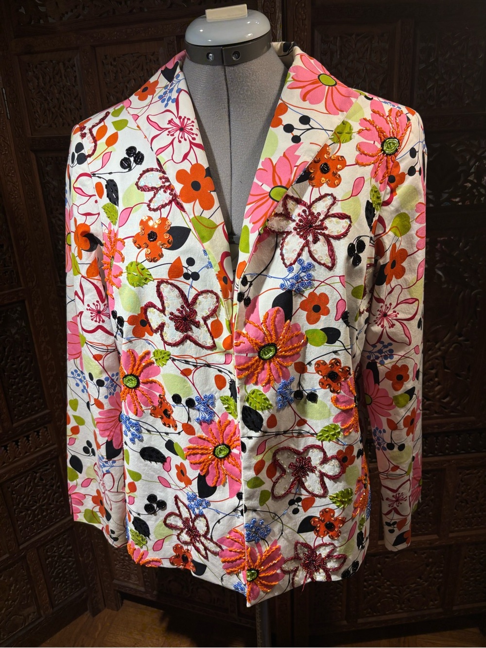 Floral Print And Beaded Blazer Jacket - White with Pink & Orange Flowers